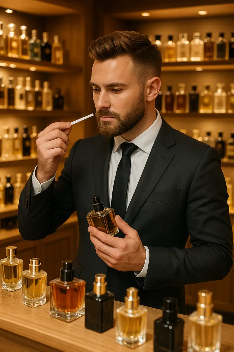 Un hombre en una perfumería oliendo el aroma de un perfume