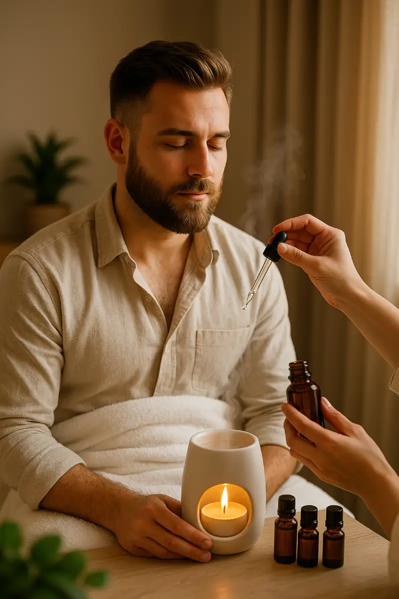 Un hombre en una sesión de aromaterapia con los ojos cerrados mientras se relaja y disfruta de los aromas