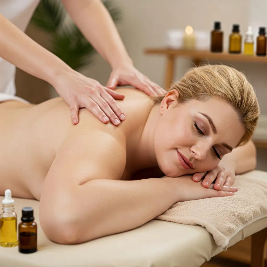 Mujer recibiendo un masaje en la espalda con aceites esenciales en un ambiente relajante de spa