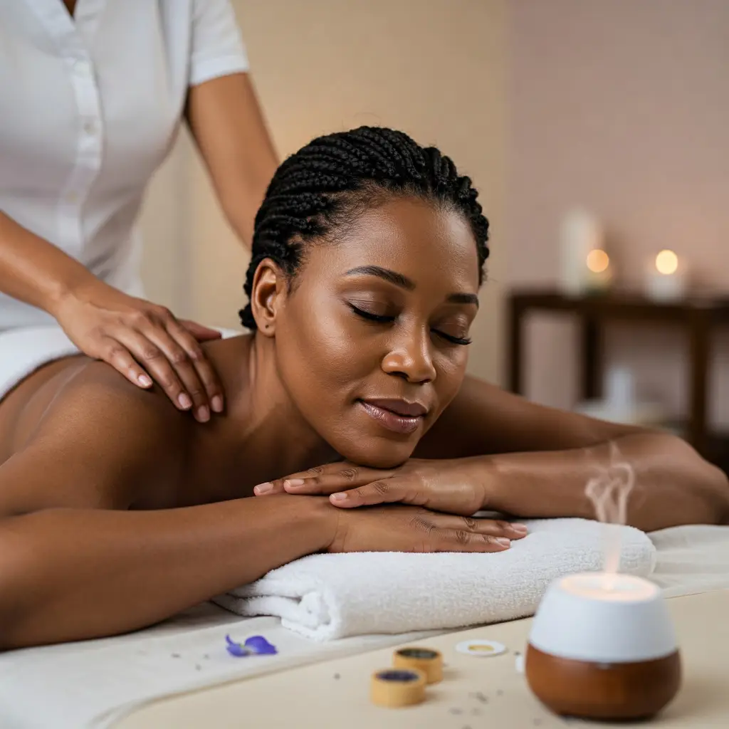 Mujer relajada recibiendo un masaje con aceites esenciales y difusor de aromaterapia en un ambiente de spa.