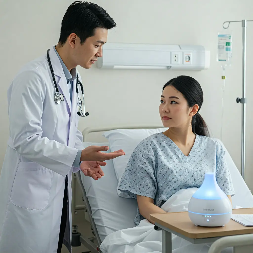 La aromaterapia y la ciencia. Médico asiático conversando con paciente en cama de hospital con difusor de aromaterapia.