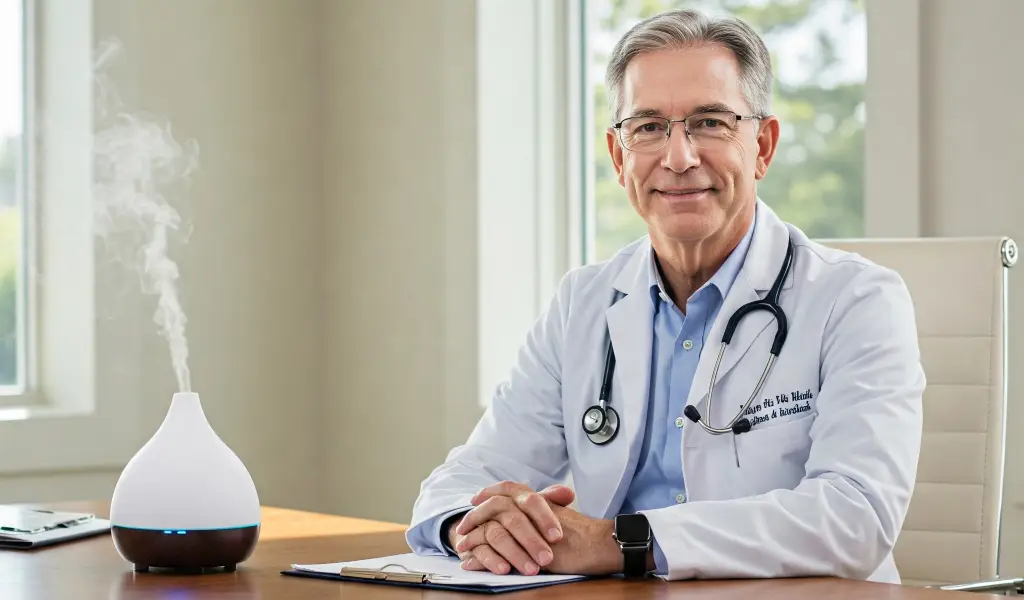 Médico en consultorio con bata blanca y difusor de aromaterapia funcionando sobre el escritorio.