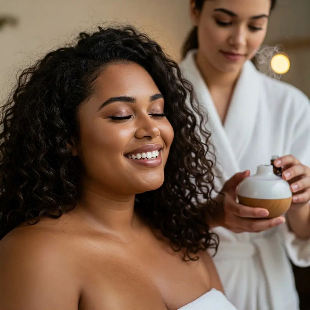 Mujer afroamericana relajándose en un sillón reclinable con difusor de aromaterapia y plantas en un ambiente cálido y tranquilo