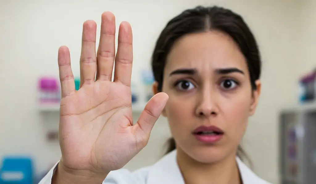 Mano levantada en señal de "stop" para evitar errores con la aromaterapia en animales