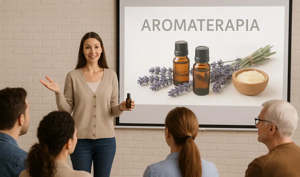 Mujer dando una charla sobre aromaterapia a un grupo de asistentes atentos