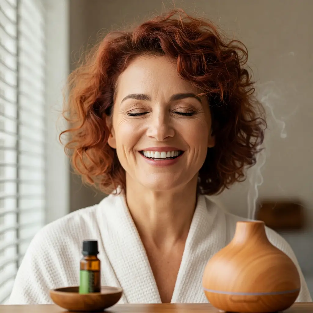 Mujer sonriente con bata blanca disfrutando de aromaterapia con difusor y aceite esencial.