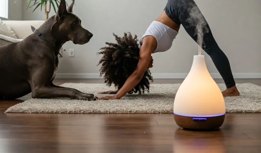 Aceites esenciales en animales: mujer en postura de yoga junto a un difusor mientras un Gran Danés observa con calma