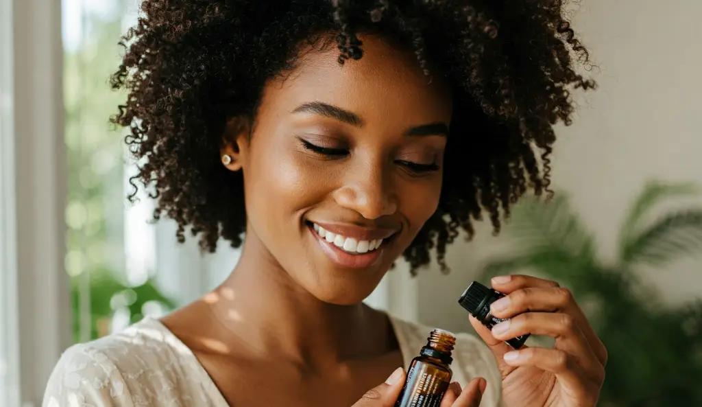Primer plano de una hermosa mujer afroamericana sonriendo mientras sostiene un pequeño frasco de vidrio marrón lleno de aceite esencial en su mano.