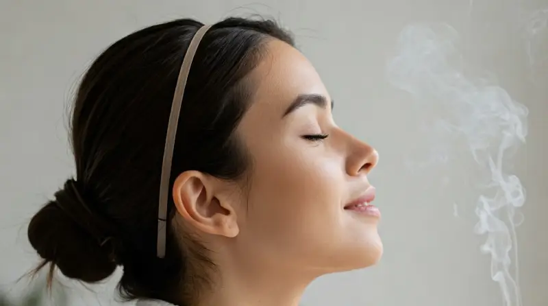 Una mujer joven disfrutando de los beneficios de la aromaterapia en un ambiente tranquilo.