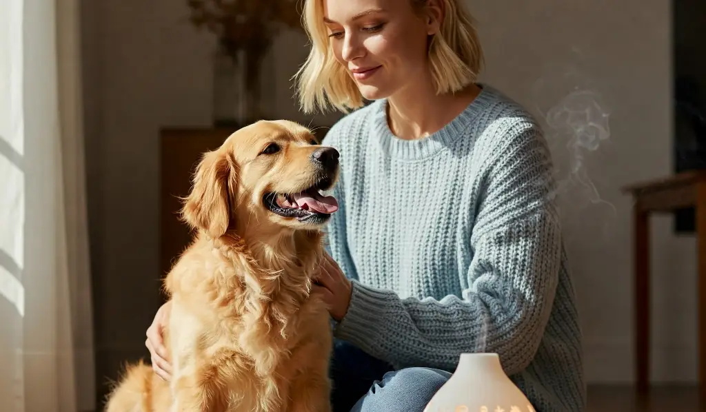 Mujer joven acariciando a su Golden Retriever junto a un difusor de aromaterapia encendido sobre el suelo