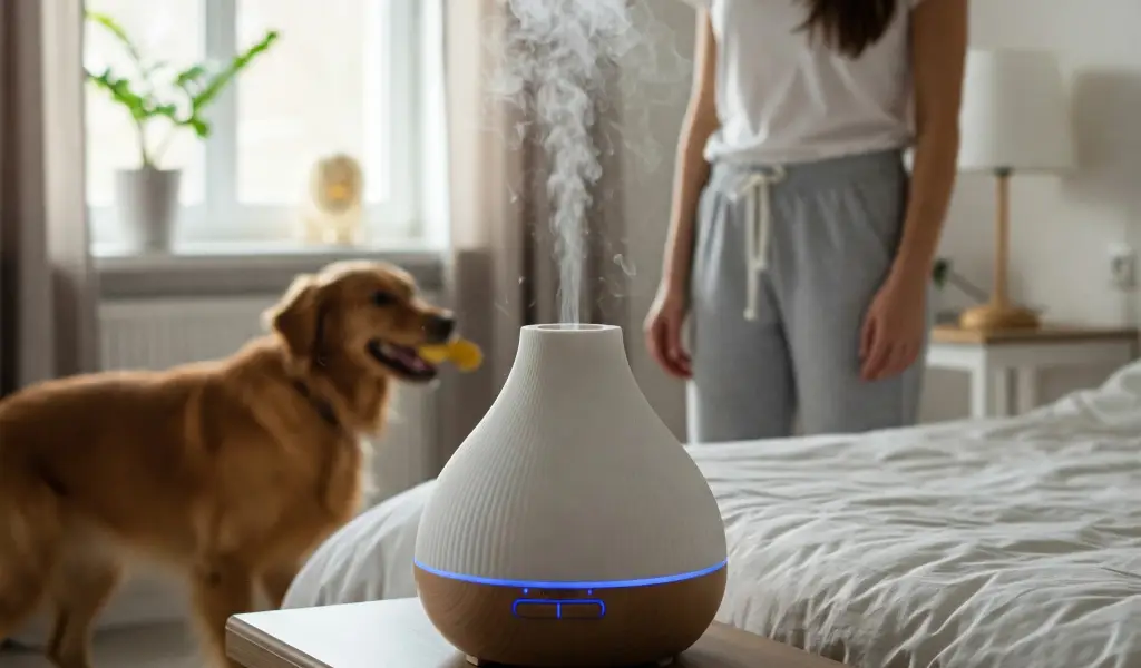 Mujer joven relajándose junto a un difusor de aromaterapia mientras su perro quiere jugar con ella