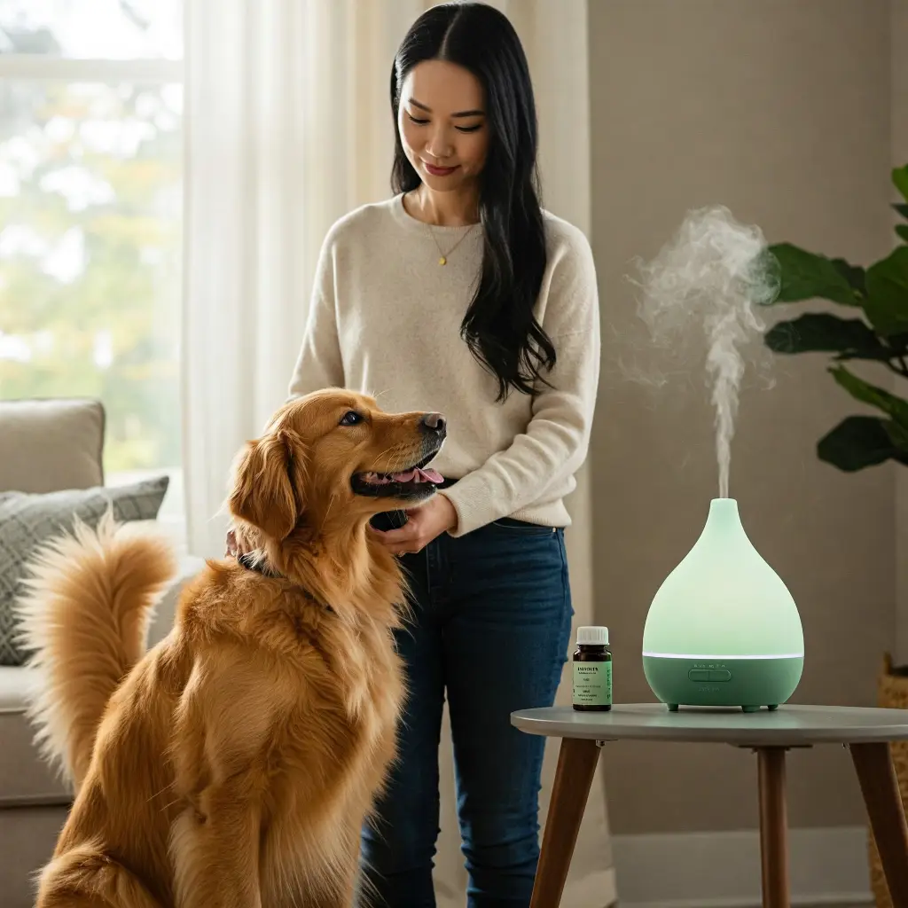 Mujer acariciando a su perro golden retriever junto a un difusor de aromaterapia encendido en el salón de su casa