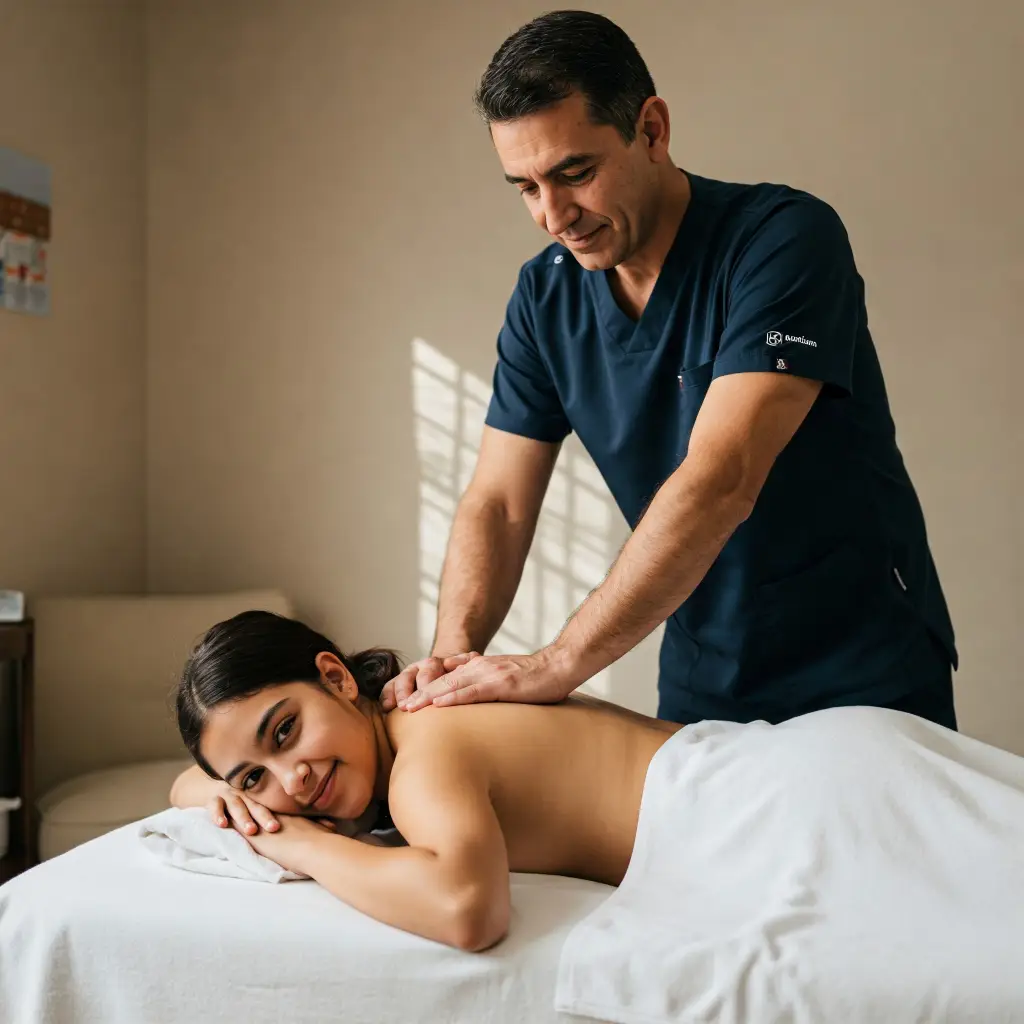 Osteópata realizando una sesión a una mujer joven con apoyo de aromaterapia en una camilla.