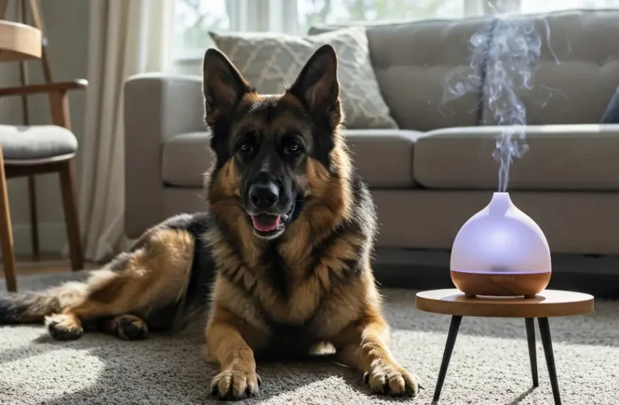 aromaterapia para perros con pastor alemán relajado junto a un difusor