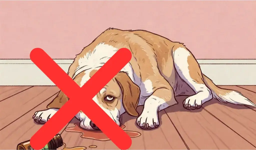 Perro acostado junto a un frasco de aceite esencial derramado con una X roja que indica peligro