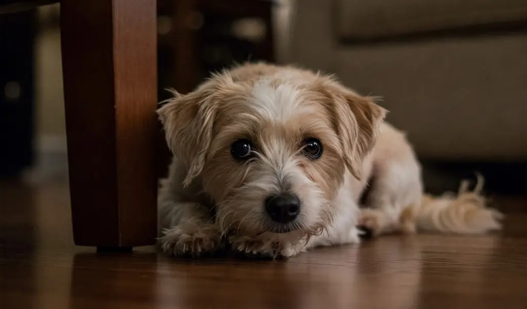 Perro de pelaje marrón claro escondido bajo una mesa durante una tormenta eléctrica, mostrando signos de miedo