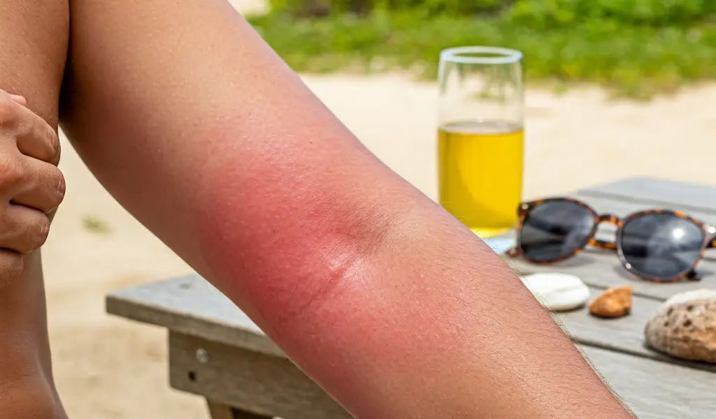 Brazo con irritación cutánea tras usar aceites esenciales y exponerse al sol.