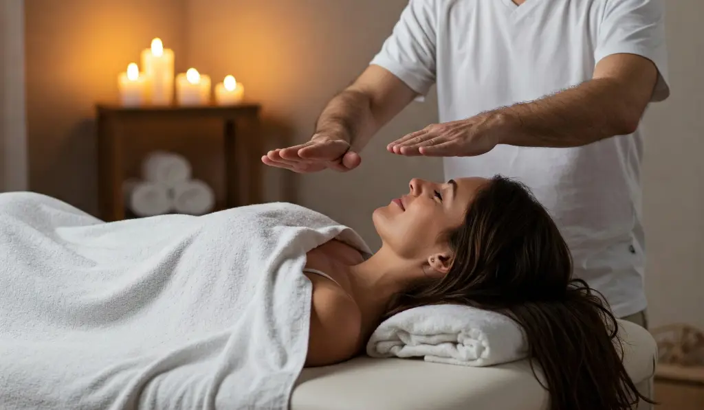 Sesión de Reiki con manos sobre la persona.