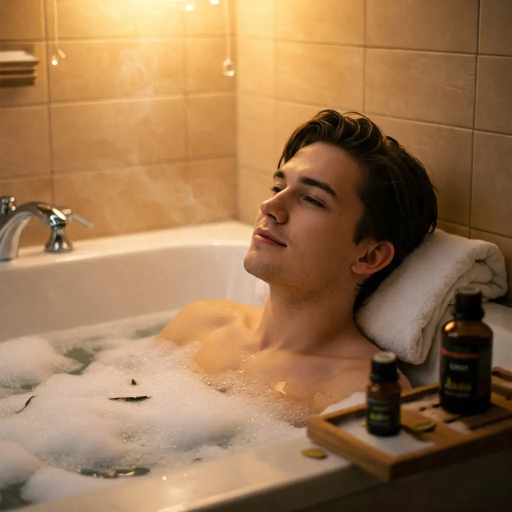 Joven relajándose en una bañera con aceites esenciales de aromaterapia en un ambiente de spa casero.