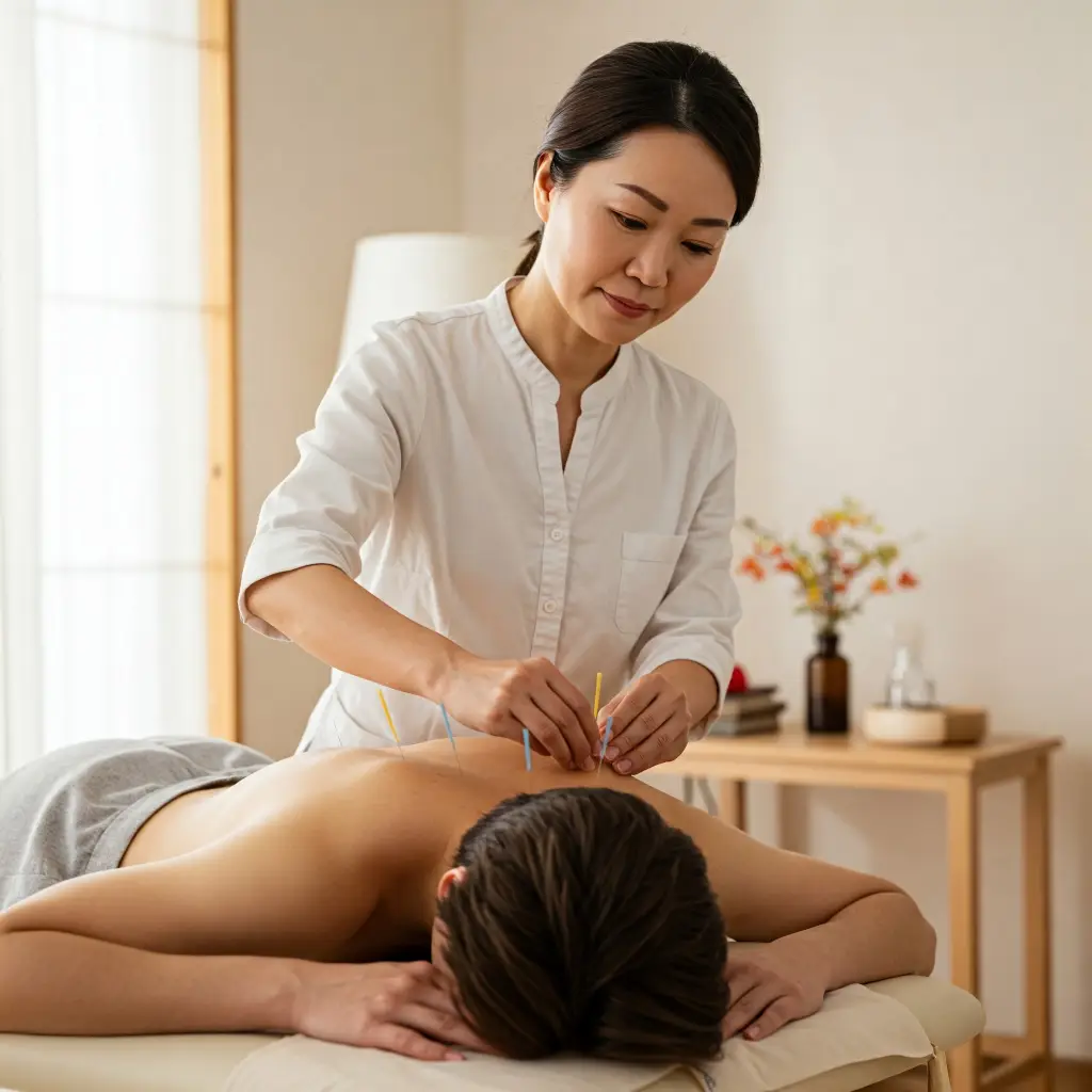 Terapeuta asiática insertando agujas de acupuntura en la espalda de un paciente en un entorno de terapias complementarias y relajación