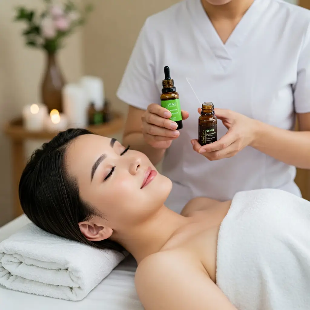 Mujer joven relajada recibiendo una sesión de aromaterapia con aplicación cuidadosa de aceites esenciales en un ambiente de spa