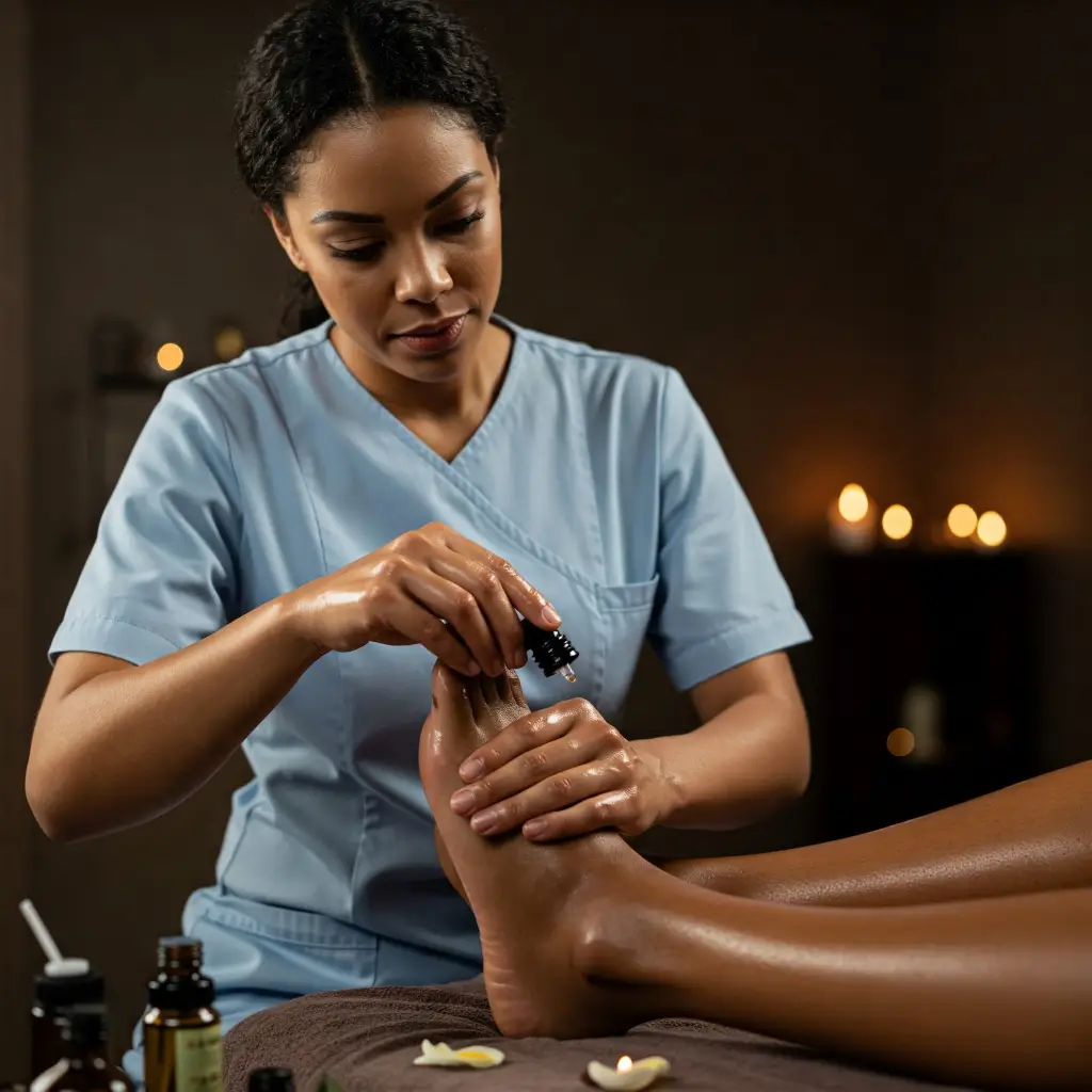 Terapias complementarias y compatibles con la aromaterapia. Una profesional combina aromaterapia con reflexología mientras da masaje en los pies de una paciente.