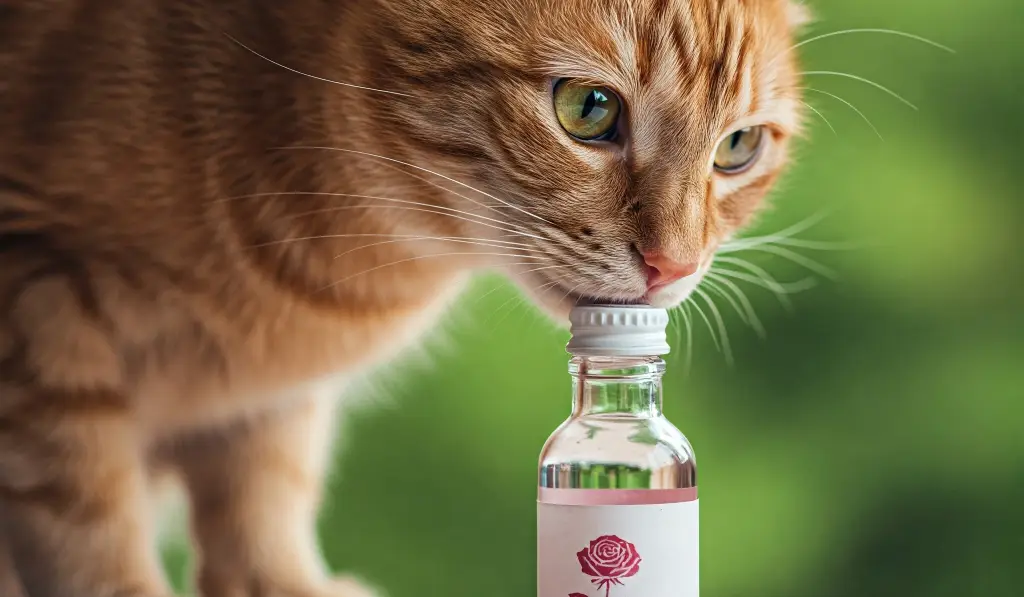 Un gato olfatea un bote de hidrolato de rosas