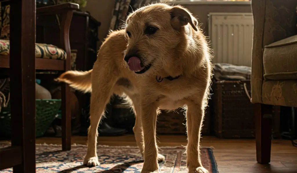 Un perro se lame su nariz como repulsa a una aromaterapia inadecuada