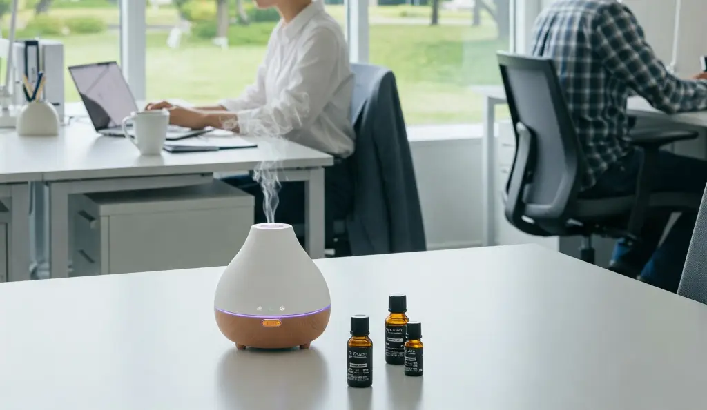 Aromaterapia en oficina moderna: difusor en escritorio con empleados trabajando relajados.