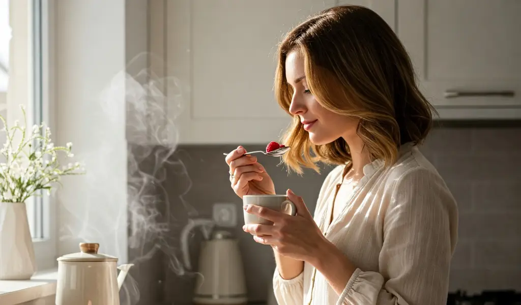 Mujer disfrutando de su desayuno en una cocina moderna con un difusor de aromaterapia emitiendo bruma a su lado.