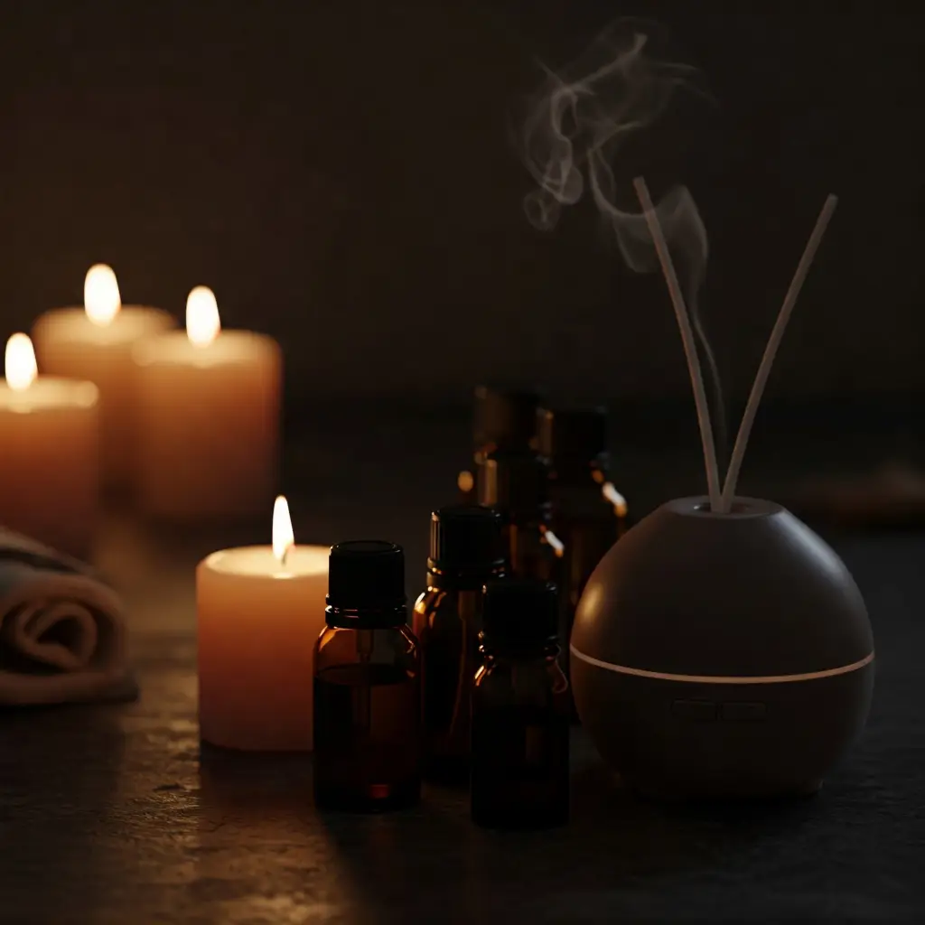 Velas encendidas, difusor de aromaterapia y frascos de aceites esenciales en un entorno de relajación.