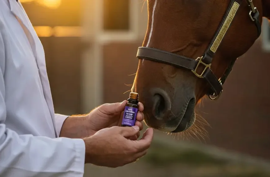 Veterinario ofreciendo aromaterapia en caballos con aceite esencial de lavanda en un establo