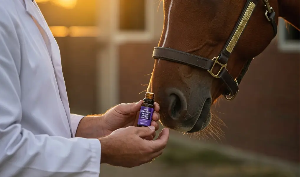 Veterinario ofreciendo aromaterapia en caballos con aceite esencial de lavanda en un establo