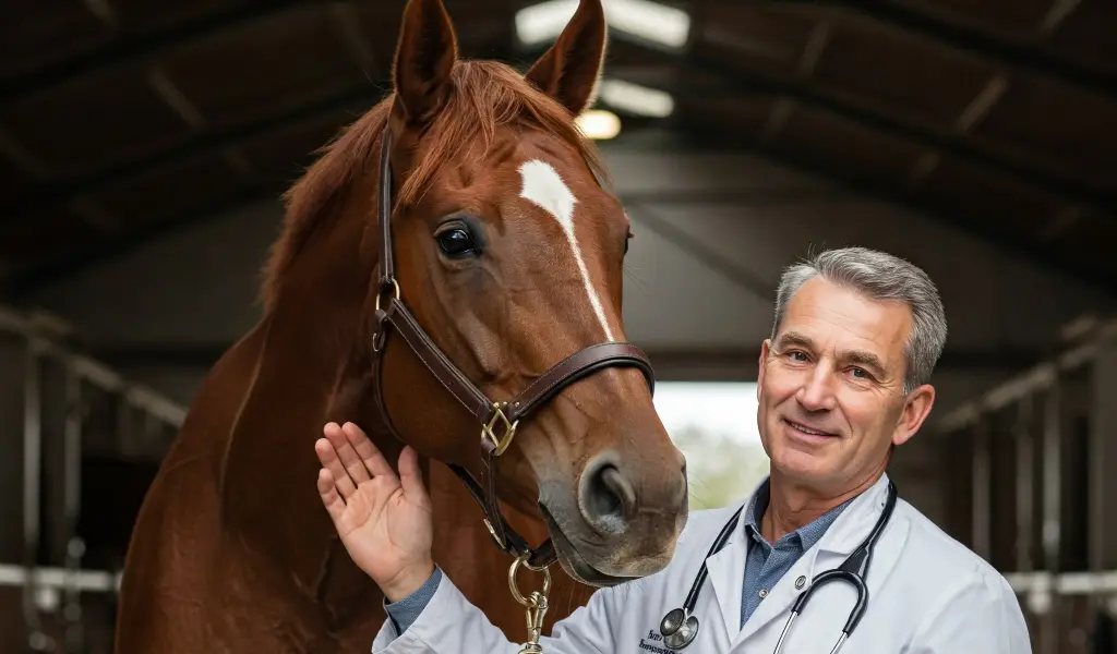 Aromaterapia en caballos: veterinario sonriendo junto a un caballo marrón en establo