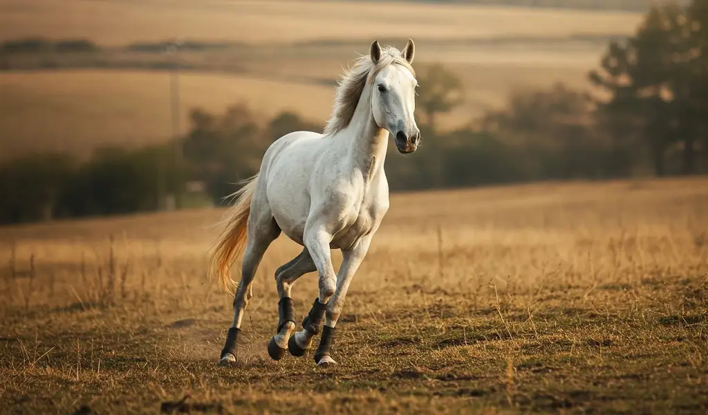 Yegua blanca disfrutando libremente en la naturaleza bajo luz cálida en un campo dorado